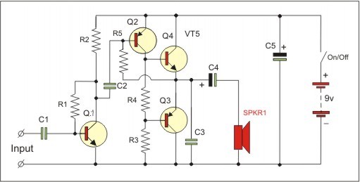 BC547,BC557 in amplifier with push-pull output