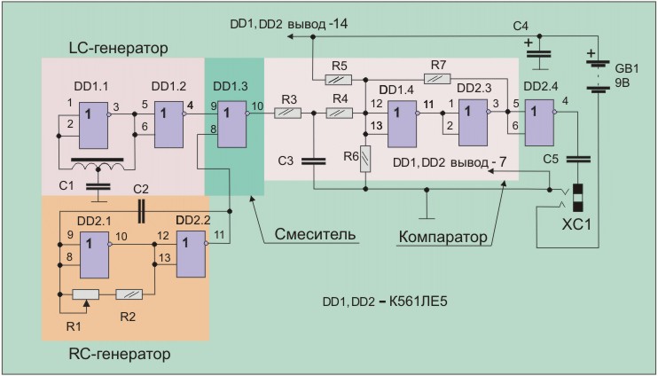 Схема металлоискателя на 2-х микросхемах.