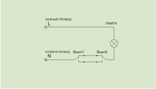 Схема  подключения  двух  проходных  выключателей .